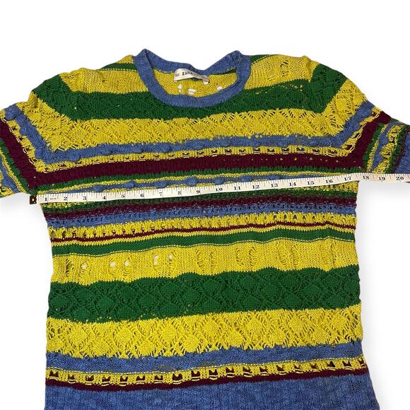 Zara Knit Multicolor Striped Open Weave Short Sleeve Sweater Top Size Small - Picture 4 of 7